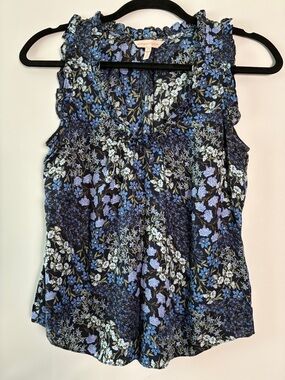 Silk Rebecca Taylor Blue Floral Ruffle Tank Top Blouse